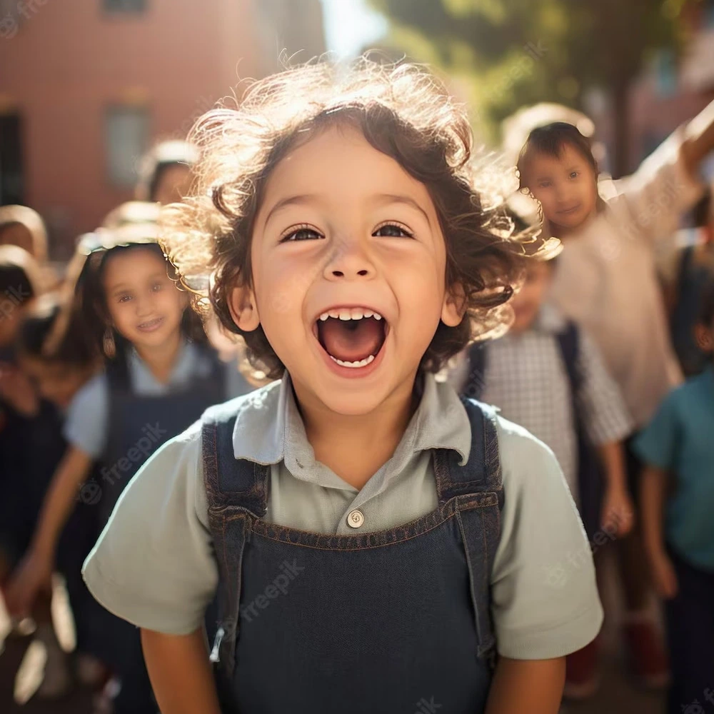 Niño con cara de felicidad con grupo de niños al fondo